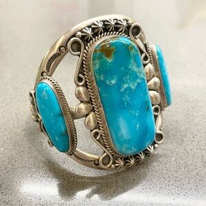 Sterling Silver Turquoise Native American Cuff Bracelet Running Bear